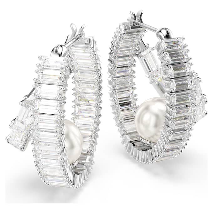 Cercei inelari Ariana Grande X Swarovski cu perle de cristal, tăietură baguette, albi, placati cu rodiu Cercei inelari Ariana Grande X Swarovski cu perle de cristal, tăietură baguette, albi, placati cu rodiu