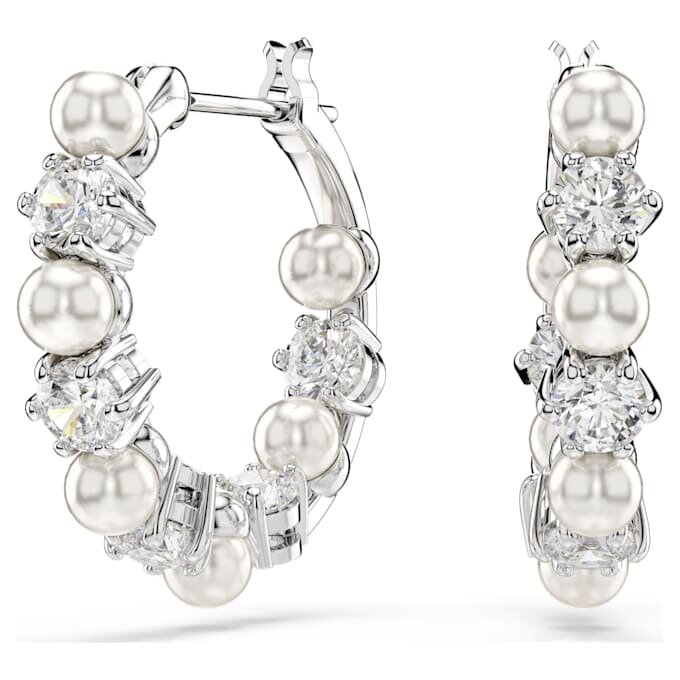 Cercei Matrix Hoop cu perle de cristal, tăietură rotundă, albi, placati cu rodiu Cercei Matrix Hoop cu perle de cristal, tăietură rotundă, albi, placati cu rodiu