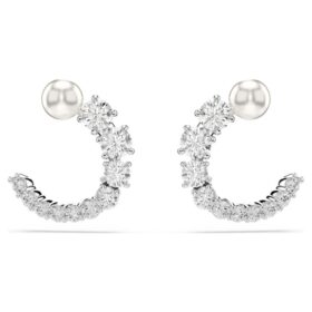 Cercei Matrix Hoop cu perle de cristal, tăietură rotundă, albi, placati cu rodiu Cercei Matrix Hoop cu perle de cristal, tăietură rotundă, albi, placati cu rodiu