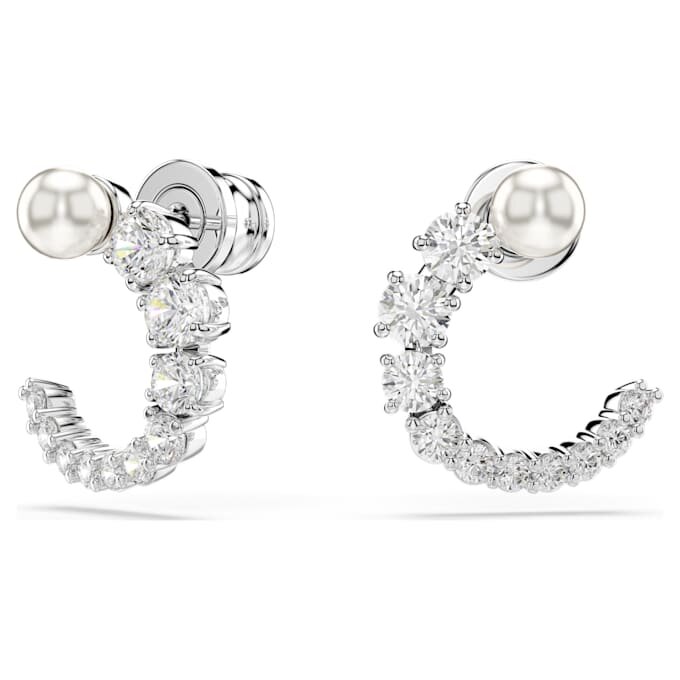 Cercei Matrix Hoop cu perle de cristal, tăietură rotundă, albi, placati cu rodiu Cercei Matrix Hoop cu perle de cristal, tăietură rotundă, albi, placati cu rodiu