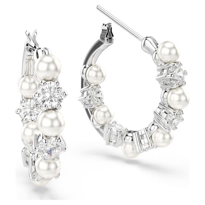 Cercei Matrix Hoop cu perle de cristal, tăietură rotundă, albi, placati cu rodiu Cercei Matrix Hoop cu perle de cristal, tăietură rotundă, albi, placati cu rodiu