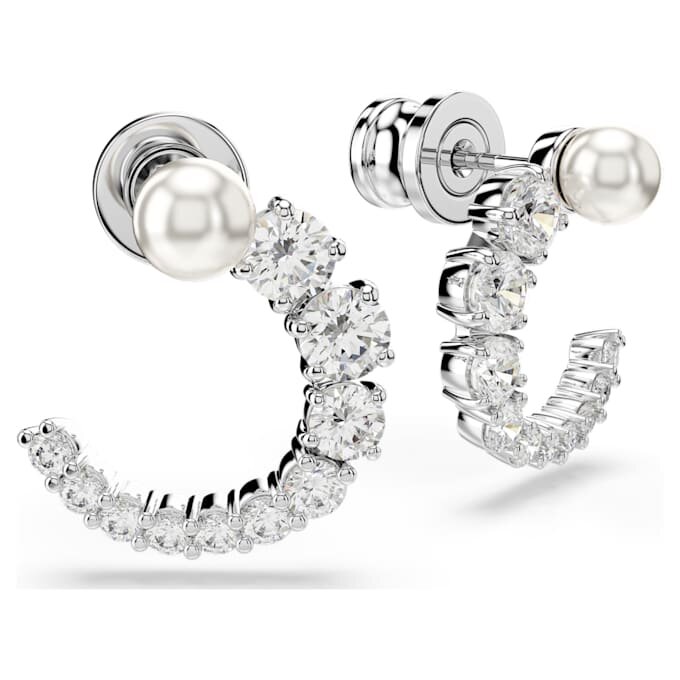 Cercei Matrix Hoop cu perle de cristal, tăietură rotundă, albi, placati cu rodiu Cercei Matrix Hoop cu perle de cristal, tăietură rotundă, albi, placati cu rodiu
