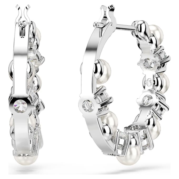 Cercei Matrix Hoop cu perle de cristal, tăietură rotundă, albi, placati cu rodiu Cercei Matrix Hoop cu perle de cristal, tăietură rotundă, albi, placati cu rodiu