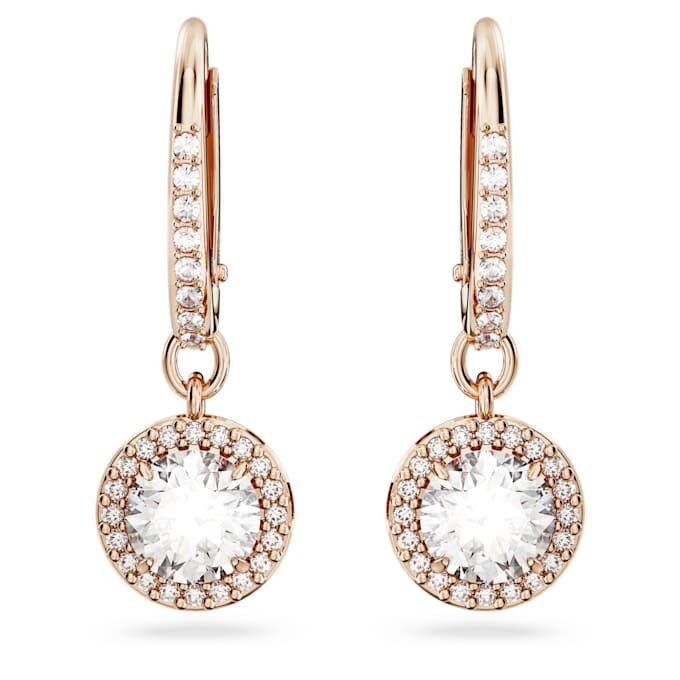 Cercei Una Angelic Drop cu tăietură rotundă, pavé, albi, placare în nuanță de aur roz Cercei Una Angelic Drop cu tăietură rotundă, pavé, albi, placare în nuanță de aur roz