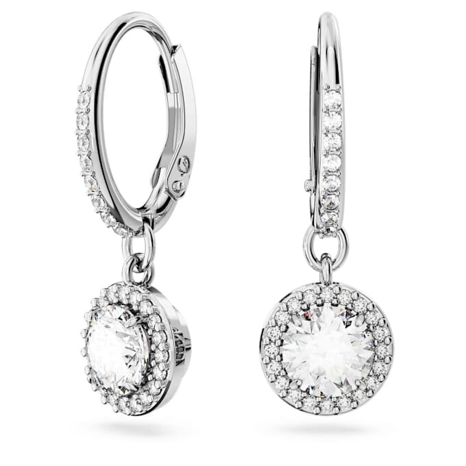 Cercei Una Angelic Drop, tăietură rotundă, pavé, albi, placare cu rodiu Cercei Una Angelic Drop, tăietură rotundă, pavé, albi, placare cu rodiu