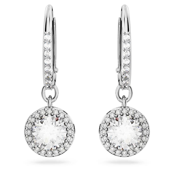 Cercei Una Angelic Drop, tăietură rotundă, pavé, albi, placare cu rodiu Cercei Una Angelic Drop, tăietură rotundă, pavé, albi, placare cu rodiu