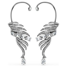 Colecția Vienna – Cercei tip „ear cuff” cu pene, mari, albi, placati cu ruteniu