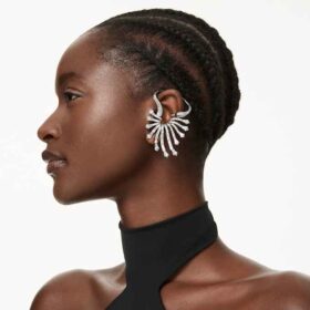 Colecția Vienna – Cercei tip „ear cuff” în formă de lebădă, albi, placati cu ruteniu