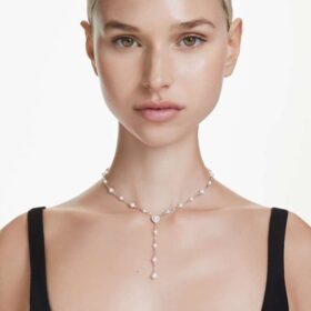 Colier Ariana Grande X Swarovski Y cu tăieturi mixte, perle de cristal, inimă, alb, placat cu rodiu