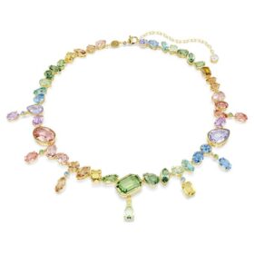 Colier Gema cu tăieturi mixte, cristale atârnătoare, multicolor, placat în nuanțe aurii Colier Gema cu tăieturi mixte, cristale atârnătoare, multicolor, placat în nuanțe aurii