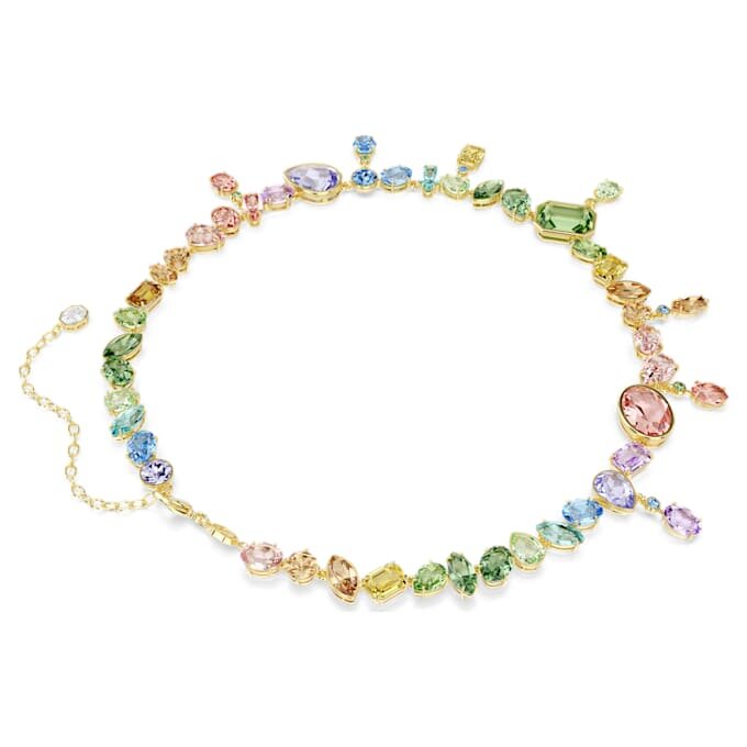 Colier Gema cu tăieturi mixte, cristale atârnătoare, multicolor, placat în nuanțe aurii Colier Gema cu tăieturi mixte, cristale atârnătoare, multicolor, placat în nuanțe aurii