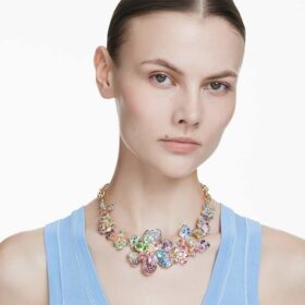 Colier Idyllia cu tăieturi mixte, pavé, flori, multicolor, placat cu aur