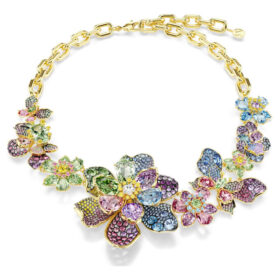 Colier Idyllia cu tăieturi mixte, pavé, flori, multicolor, placat cu aur