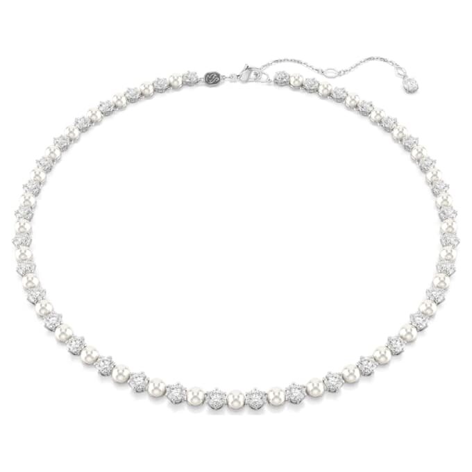 Colier Matrix Tennis cu perle de cristal, tăietură rotundă, alb, placat cu rodiu Colier Matrix Tennis cu perle de cristal, tăietură rotundă, alb, placat cu rodiu