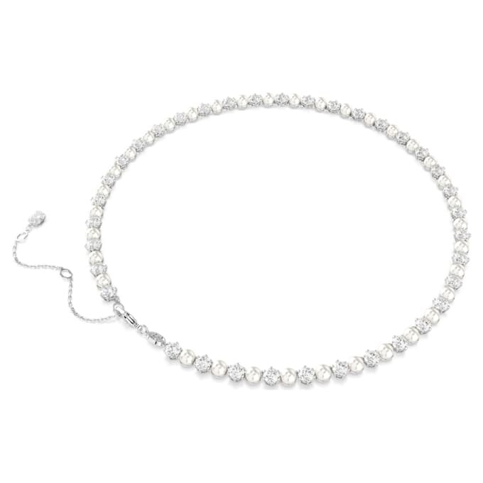 Colier Matrix Tennis cu perle de cristal, tăietură rotundă, alb, placat cu rodiu Colier Matrix Tennis cu perle de cristal, tăietură rotundă, alb, placat cu rodiu
