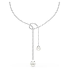 Colier Matrix Y cu perle de cristal, tăietură rotundă, alb, placat cu rodiu