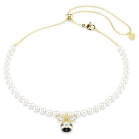 Colier strâns pe gât Idyllia cu perle de cristal, tăieturi mixte, albină, alb, placat cu aur Colier strâns pe gât Idyllia cu perle de cristal, tăieturi mixte, albină, alb, placat cu aur