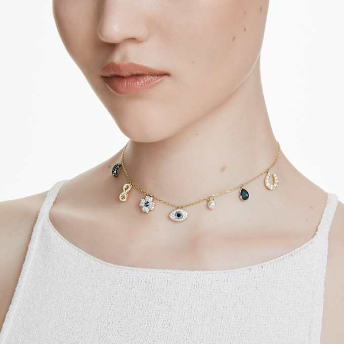 Colier strâns pe gât Symbolica cu perle de cristal, lună, simbolul Infinity, trifoi, ochiul rău și potcoavă, albastru, placat cu ton auriu Colier strâns pe gât Symbolica cu perle de cristal, lună, simbolul Infinity, trifoi, ochiul rău și potcoavă, albastru, placat cu ton auriu