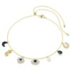 Colier strâns pe gât Symbolica cu perle de cristal, lună, simbolul Infinity, trifoi, ochiul rău și potcoavă, albastru, placat cu ton auriu Colier strâns pe gât Symbolica cu perle de cristal, lună, simbolul Infinity, trifoi, ochiul rău și potcoavă, albastru, placat cu ton auriu