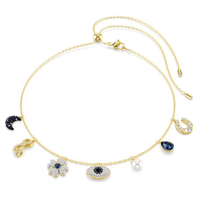 Colier strâns pe gât Symbolica cu perle de cristal, lună, simbolul Infinity, trifoi, ochiul rău și potcoavă, albastru, placat cu ton auriu Colier strâns pe gât Symbolica cu perle de cristal, lună, simbolul Infinity, trifoi, ochiul rău și potcoavă, albastru, placat cu ton auriu