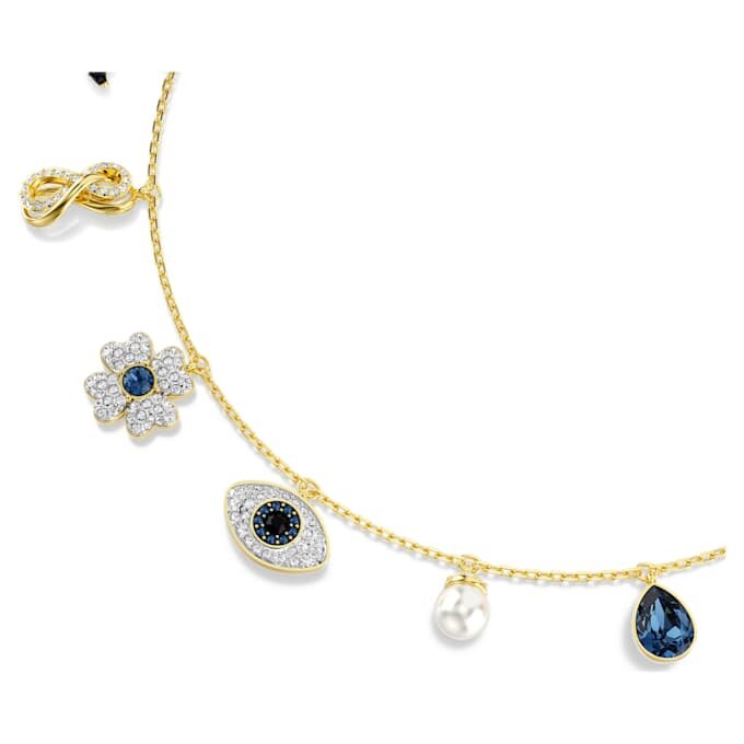 Colier strâns pe gât Symbolica cu perle de cristal, lună, simbolul Infinity, trifoi, ochiul rău și potcoavă, albastru, placat cu ton auriu Colier strâns pe gât Symbolica cu perle de cristal, lună, simbolul Infinity, trifoi, ochiul rău și potcoavă, albastru, placat cu ton auriu