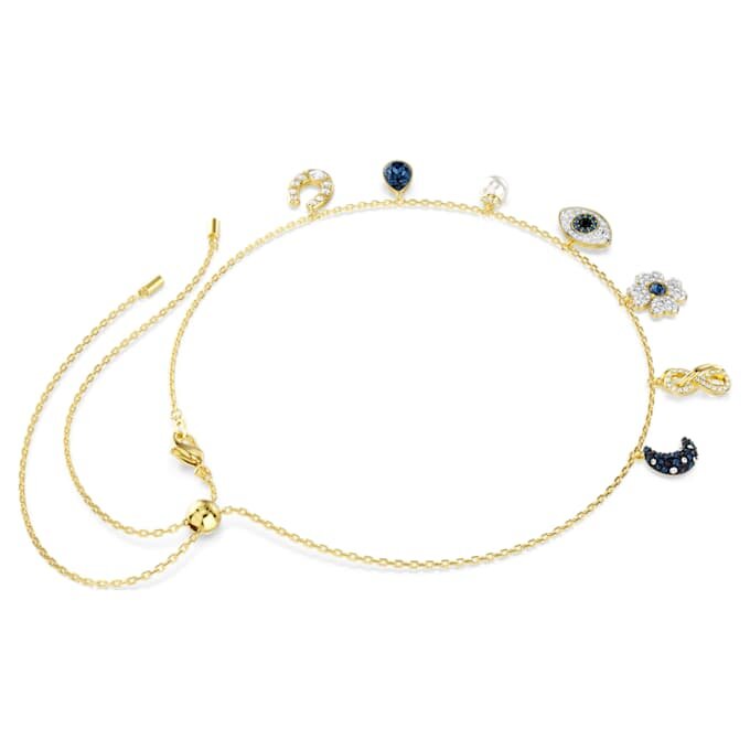 Colier strâns pe gât Symbolica cu perle de cristal, lună, simbolul Infinity, trifoi, ochiul rău și potcoavă, albastru, placat cu ton auriu Colier strâns pe gât Symbolica cu perle de cristal, lună, simbolul Infinity, trifoi, ochiul rău și potcoavă, albastru, placat cu ton auriu