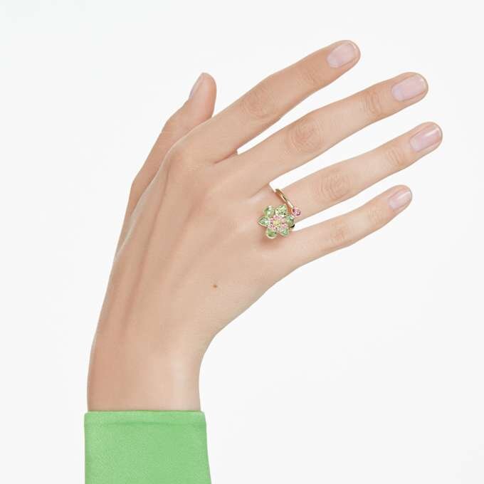 Inel deschis Idyllia cu tăieturi mixte, floare, verde, placat în nuanțe aurii Inel deschis Idyllia cu tăieturi mixte, floare, verde, placat în nuanțe aurii