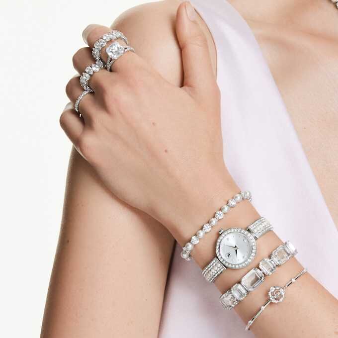 Ceas-brățară Matrix Pearl, fabricat în Elveția, brățară cu cristale, alb, oțel inoxidabil Ceas-brățară Matrix Pearl, fabricat în Elveția, brățară cu cristale, alb, oțel inoxidabil