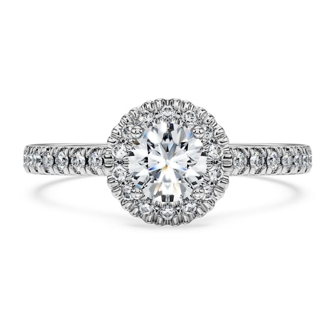 Inel solitar Eternity Halo cu diamante create în laborator, 0,8 carate în total, formă rotundă, aur alb de 14K Inel solitar Eternity Halo cu diamante create în laborator, 0,8 carate în total, formă rotundă, aur alb de 14K