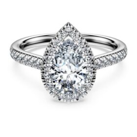 Inel solitar Eternity Halo cu diamante create în laborator, 1,3 carate în total, formă de pară, aur alb de 14K Inel solitar Eternity Halo cu diamante create în laborator, 1,3 carate în total, formă de pară, aur alb de 14K