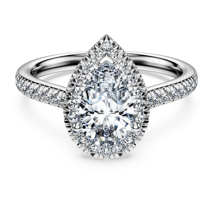 Inel solitar Eternity Halo cu diamante create în laborator, 1,3 carate în total, formă de pară, aur alb de 14K Inel solitar Eternity Halo cu diamante create în laborator, 1,3 carate în total, formă de pară, aur alb de 14K