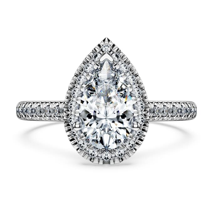Inel solitar Eternity Halo cu diamante create în laborator, 1,3 carate în total, formă de pară, aur alb de 14K Inel solitar Eternity Halo cu diamante create în laborator, 1,3 carate în total, formă de pară, aur alb de 14K