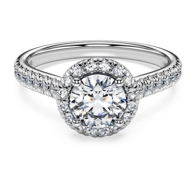 Inel solitar Eternity Halo cu diamante create în laborator, 1,33 carate în total, formă rotundă, aur alb de 14K Inel solitar Eternity Halo cu diamante create în laborator, 1,33 carate în total, formă rotundă, aur alb de 14K