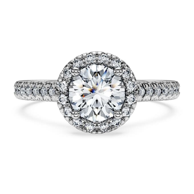 Inel solitar Eternity Halo cu diamante create în laborator, 1,33 carate în total, formă rotundă, aur alb de 14K Inel solitar Eternity Halo cu diamante create în laborator, 1,33 carate în total, formă rotundă, aur alb de 14K