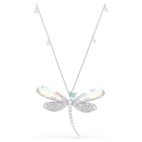 Pandantiv și broșă Ariana Grande X Swarovski cu perle de cristal, tăieturi mixte, libelulă, alb, placat cu rodiu