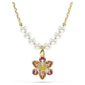 Pandantiv Idyllia cu perle de cristal, tăieturi mixte, floare, multicolor, placat cu aur