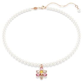 Pandantiv Idyllia cu perle de cristal, tăieturi mixte, floare, multicolor, placat cu aur roz