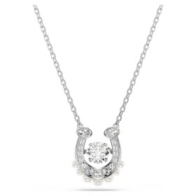 Pandantiv Symbolica cu perle de cristal, tăietură rotundă, pavé, potcoavă, alb, placat cu rodiu