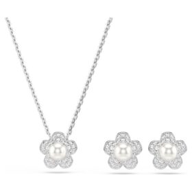Set Ariana Grande X Swarovski cu perle de cristal, tăietură rotundă, floare, alb, placat cu rodiu