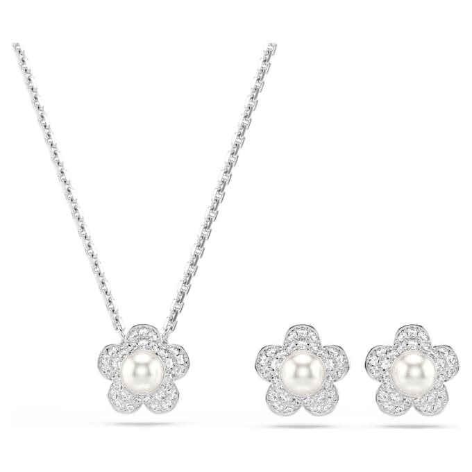 Set Ariana Grande X Swarovski cu perle de cristal, tăietură rotundă, floare, alb, placat cu rodiu Set Ariana Grande X Swarovski cu perle de cristal, tăietură rotundă, floare, alb, placat cu rodiu