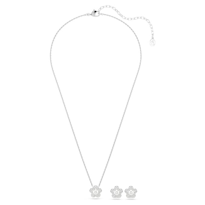 Set Ariana Grande X Swarovski cu perle de cristal, tăietură rotundă, floare, alb, placat cu rodiu Set Ariana Grande X Swarovski cu perle de cristal, tăietură rotundă, floare, alb, placat cu rodiu