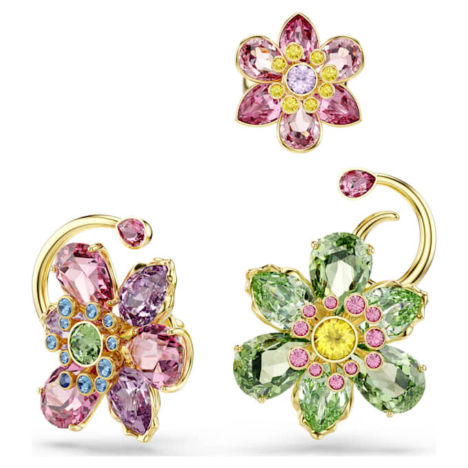 Set de cercei Idyllia (3), design asimetric, tăieturi mixte, flori, multicolori, placat cu aur Set de cercei Idyllia (3), design asimetric, tăieturi mixte, flori, multicolori, placat cu aur