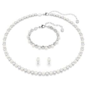Set Matrix cu perle de cristal, tăietură rotundă, alb, placat cu rodiu