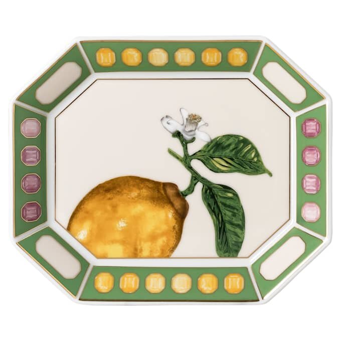 Tavă Idyllia din porțelan, cu motiv imprimat cu cristale, culoare Citron, mică, multicoloră Tavă Idyllia din porțelan, cu motiv imprimat cu cristale, culoare Citron, mică, multicoloră